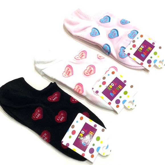 Conversation Heart Socks 3 Pair One Size Black White Pink - Picture 1 of 6
